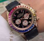 Faux Rolex Daytona Rose Gold Watch 40 Rainbow Markers Oyster flex Strap